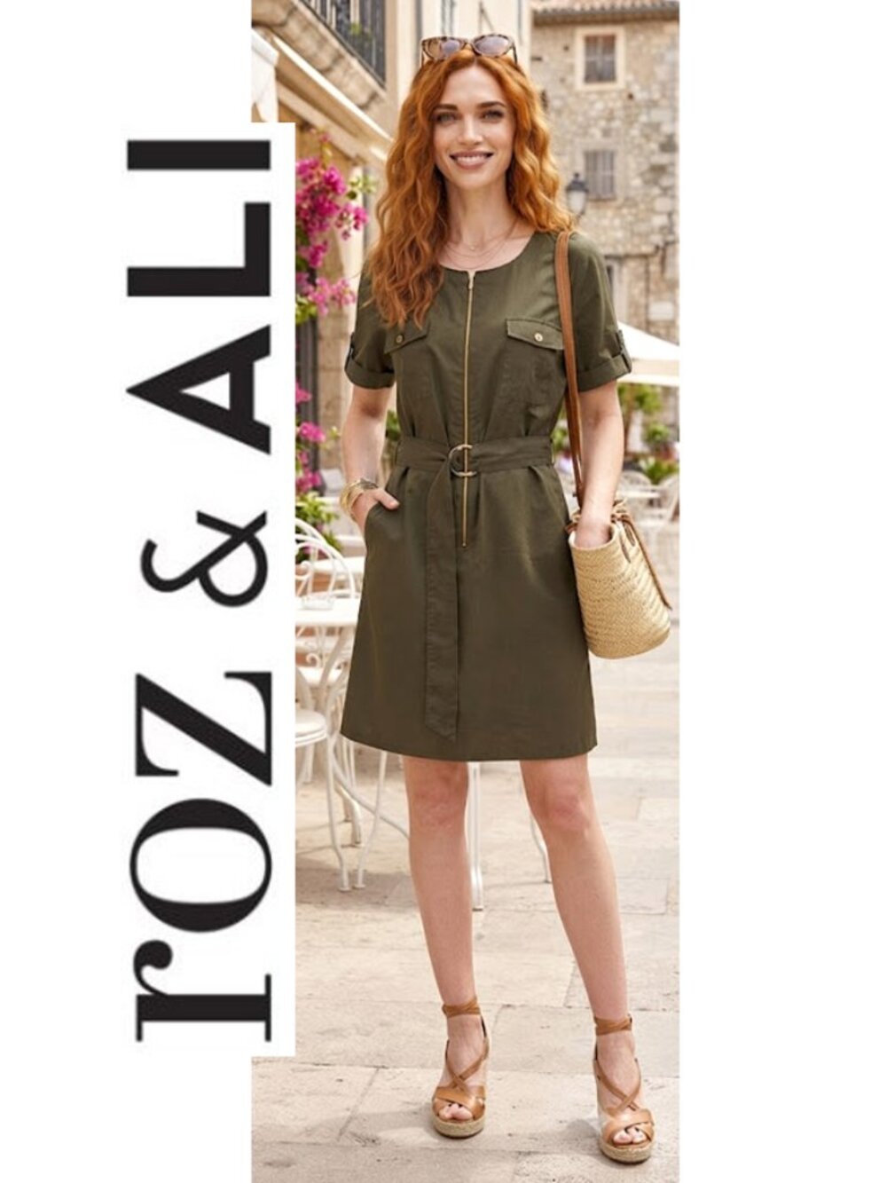 (3 for $30) ROZ & ALI - Olive green short sleeve utility dress